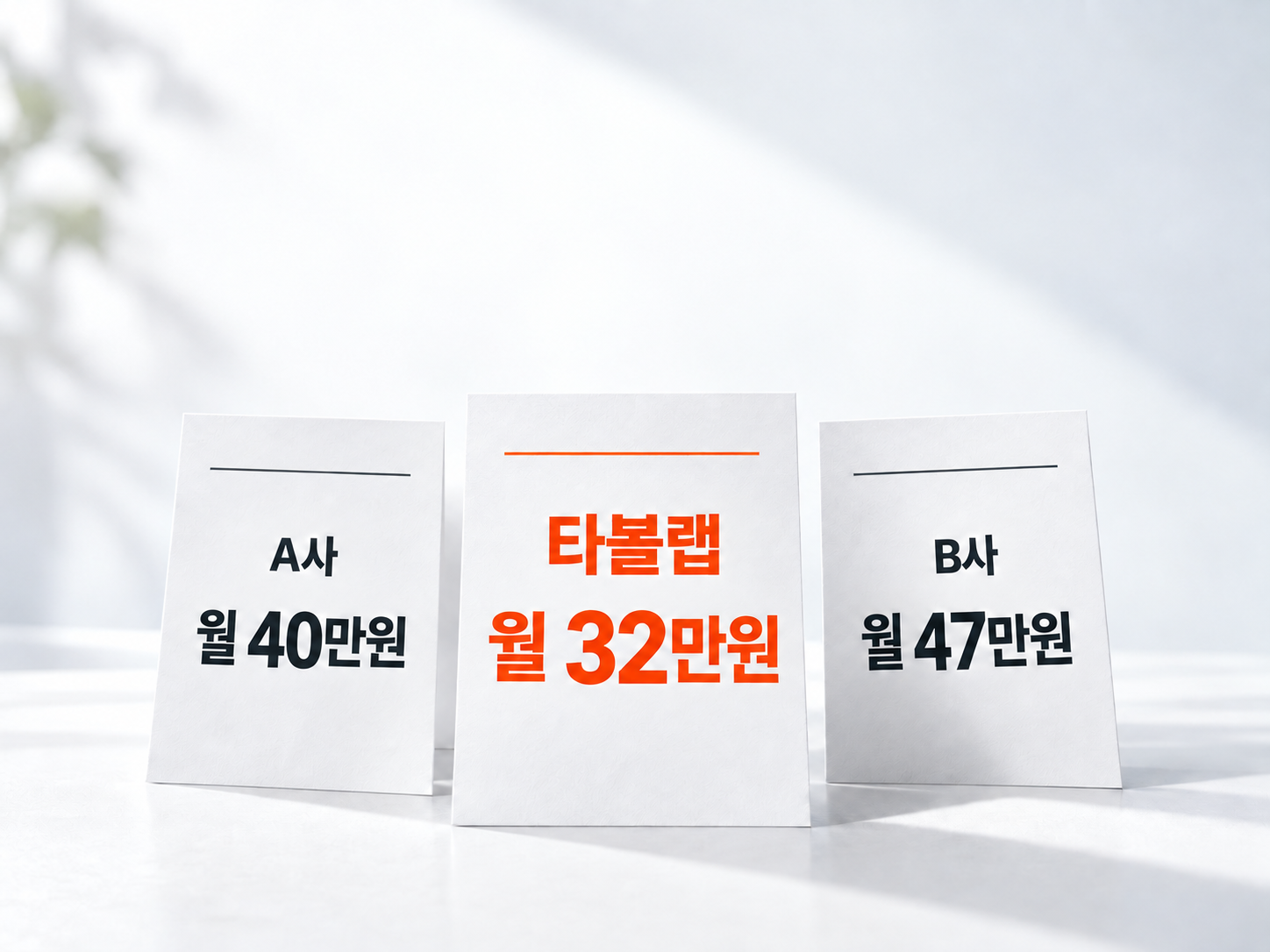 A사 월 40만원, 타볼랩 월 32만원, B사 월 47만원